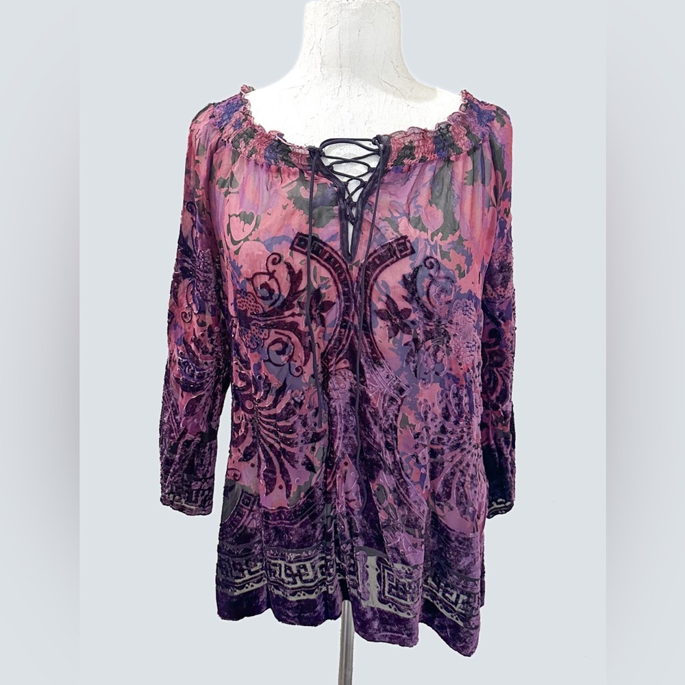 Hale Bob Purple Velvet Burnout Lace-Up Blouse